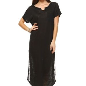 Amerikan Basics Small 100% Linen Tab Sleeve Black Summer Sheer Split Sides Dress